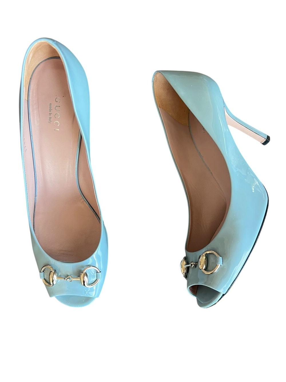 Gucci Women’s Silver Horsebit Light Blue Patent Leather Peep Toe Heels Size 39